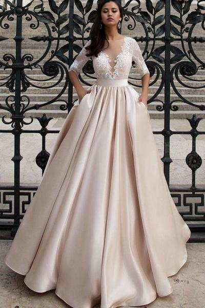 Vestidos de novia de satén con apliques, corte A, mangas a media pierna y escote redondo